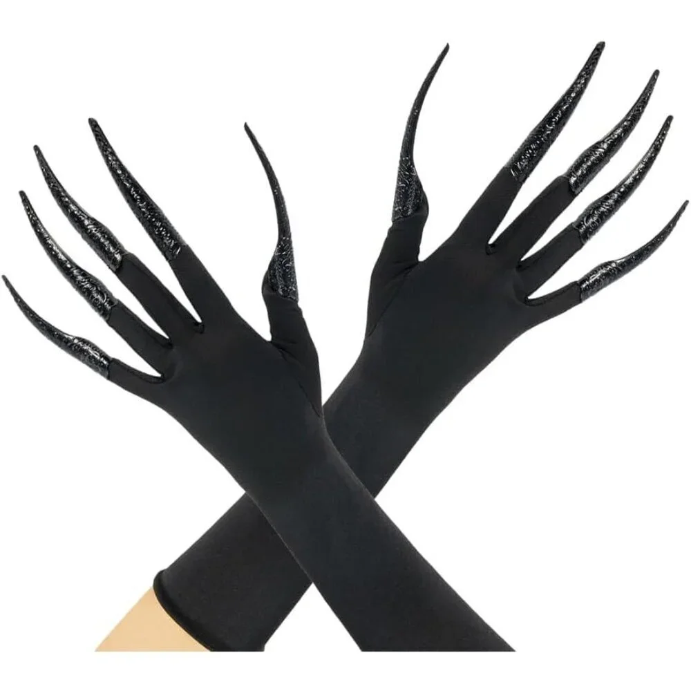 Black Faux Leather Claw Gloves with 10pcs Long Finger Claws Cosplay Halloween